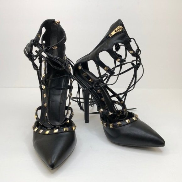 Wild Diva Black Gold Studded Leg Wrap Heels, 7 - Picture 2 of 10